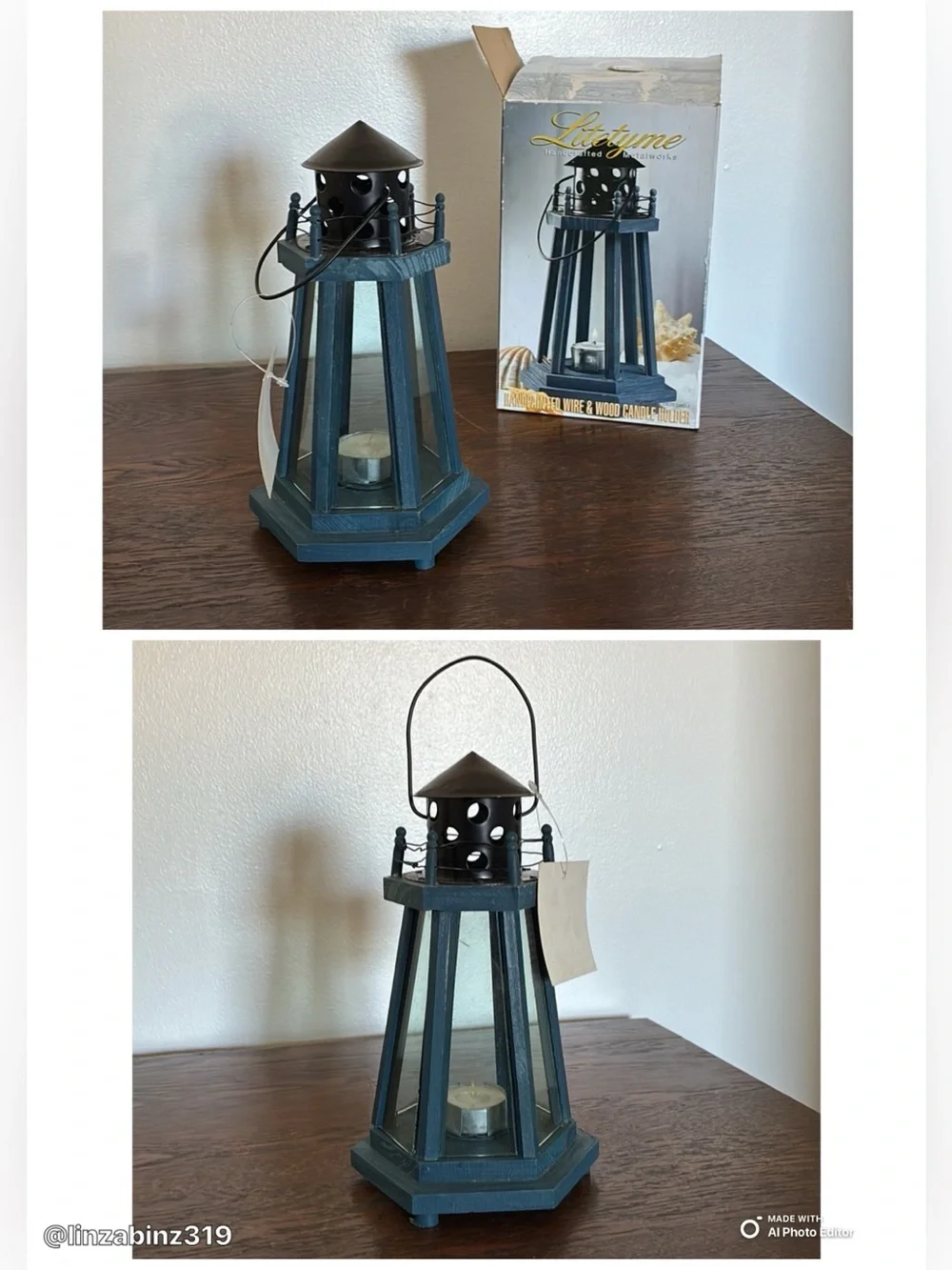 BNIB- Hand Painted- Blue Wood & Wire Lighthouse Candle Holder
